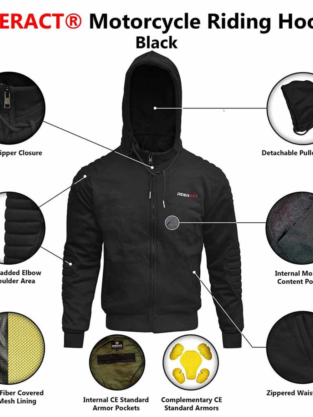 RIDERACT® Mens Motorcycle Black Hoodie Rainforced Riders Hoodie With CE Armors L - Picture 3 of 10